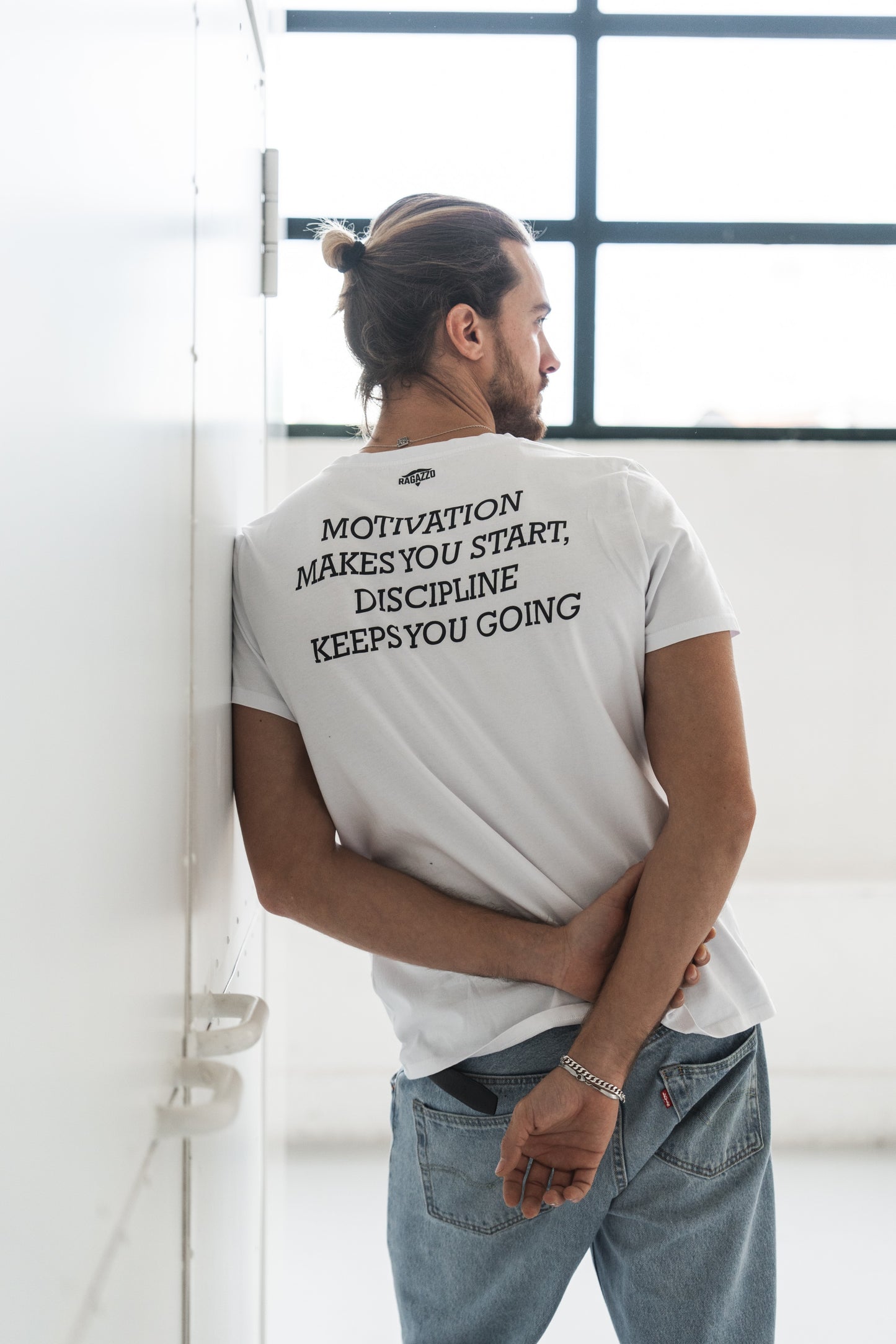 T-Shirt • White • "Motivation Makes You Start, Discipline Keeps You Going"