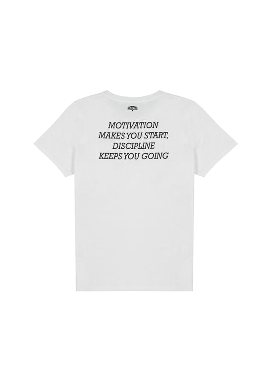 T-Shirt • Branco • "Motivation makes you start, discipline keeps you going"